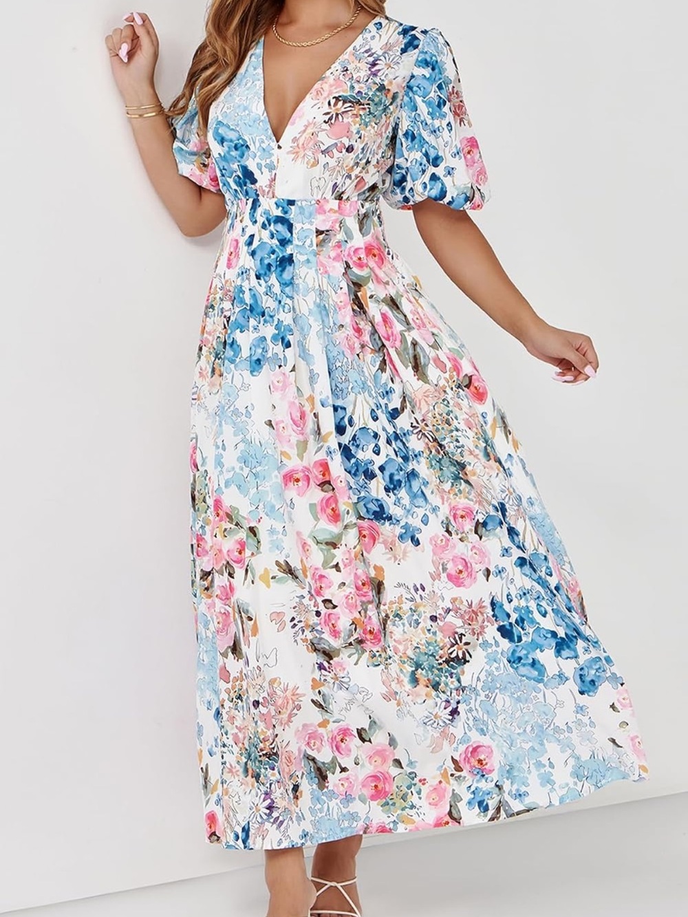 Floral V-Neck Puff Sleeve Maxi Dress in White, Blue & Pink